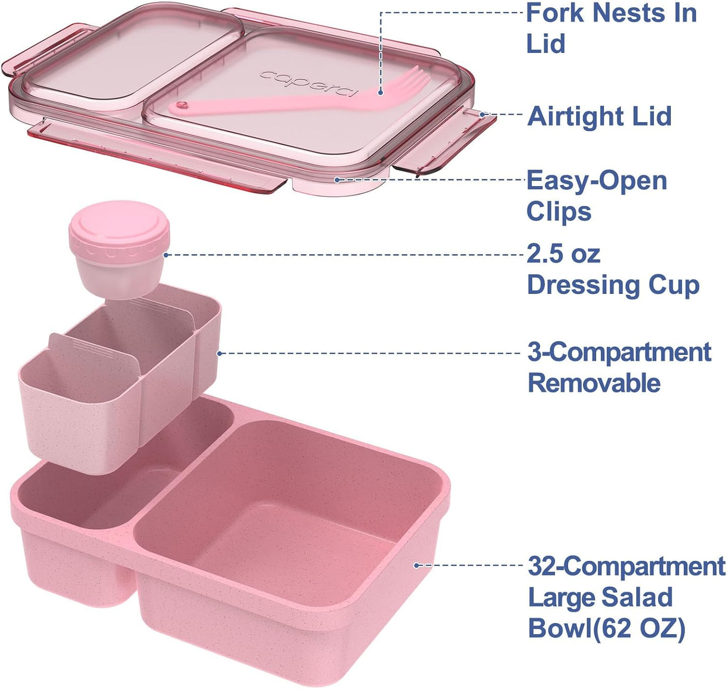 Caperci 2 Pack Salad Container for Lunch - 62 oz Large Bento Lunch Box for Adults, 2-Compartment Meal Prep Container with Removable Toppings Tray, Sauce Cup, Reusable Fork, BPA-Free (Purple & Green)