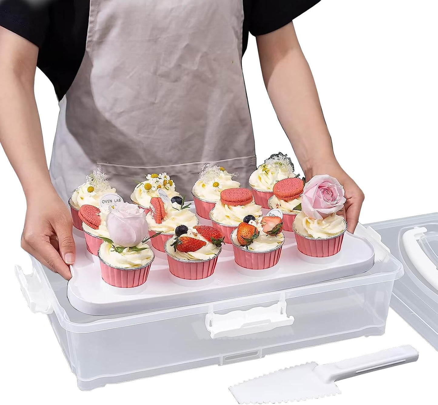 1Pack White Plastic Cake and Cupcake Carrier Holder, Large Portable Storage Container for Storing 12 Cupcakes or 1 Large Cake