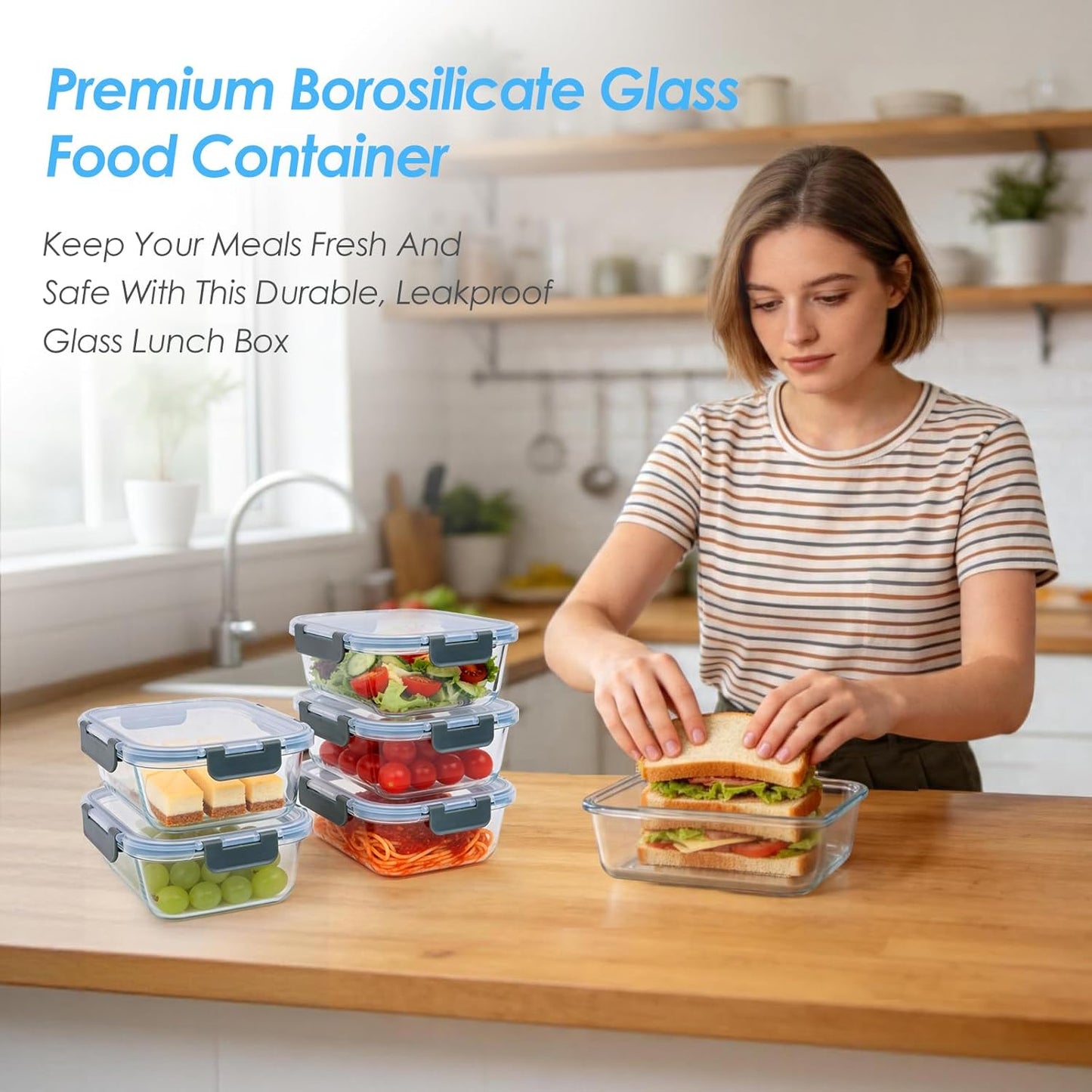 5-Pack 36oz Glass Food Storage Containers with Lids Airtight, Glass Meal Prep Containers Reusable, Leak-Proof Lunch Containers, BPA Free Borosilicate Glass, Microwave Oven Freezer Dishwasher Safe