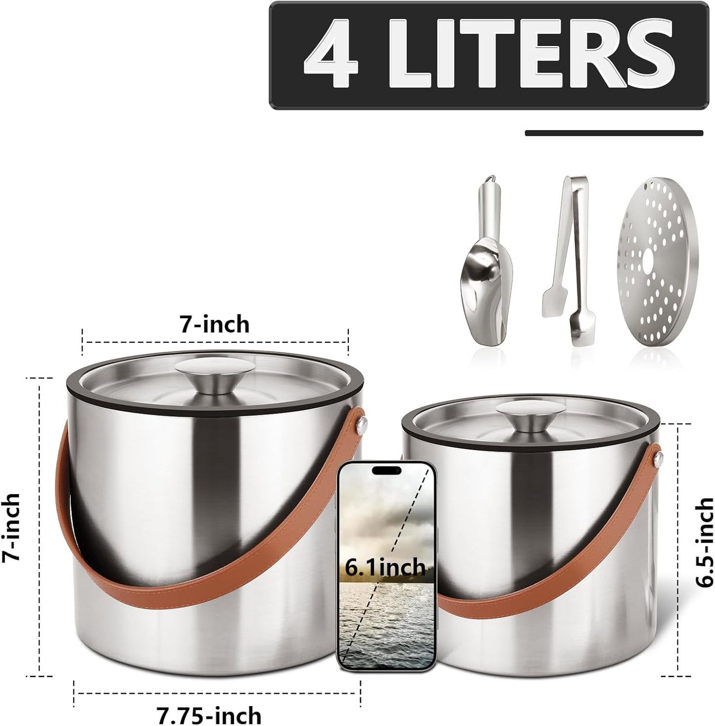 Bakpoco Double-Wall Vacuum Insulated Ice Bucket with Lid, Scoop, Ice Tong, Strainer & Leather Handle Keep Ice Frozen Longer Large Wine Ice Buckets for Cocktail Bar,Parties Chilling Beer Champagne 3L