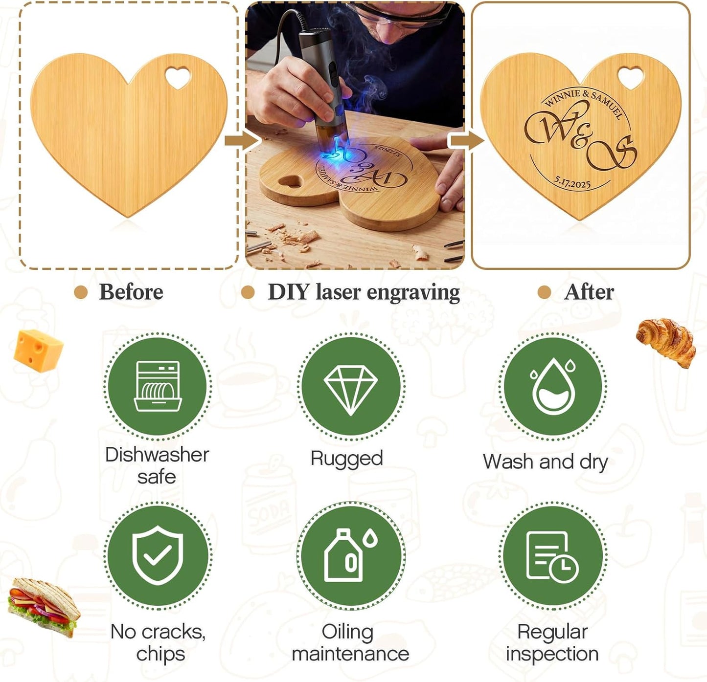 Nuenen 50 Pcs Mini Wooden Charcuterie Board Bulk, Small Wood Cutting Board for Crafts Laser Engraving with Knives Organza Bags Wedding Baby Shower Favors Gift (Square,Bamboo Color)