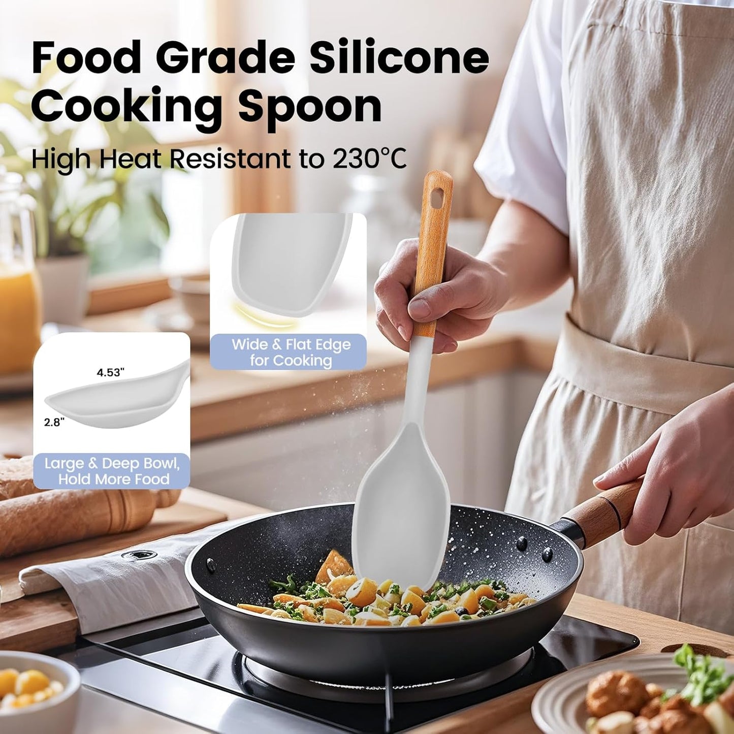 Large Silicone Cooking Spoons Set, 2 Pcs Heat Resistant Serving Spoon, Multifunction Nonstick Spatula Spoon, Kitchen Cucharras de Silicona for Mixing, Stiring, Basting, Scooping, Scraping