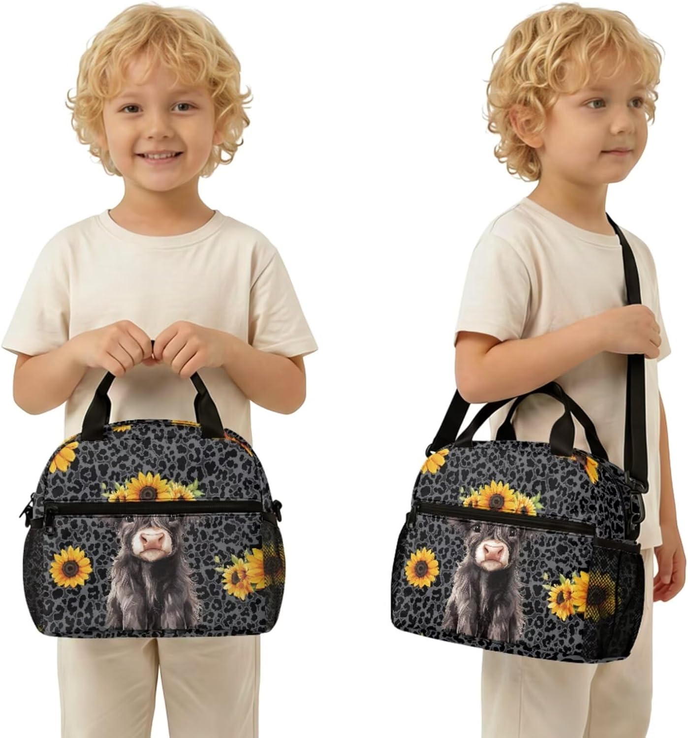 Highland Cow Backpack with Lunch Box Set for Kids Sunflower School Backpack for Girls Boys Back to School Bag Student Travel Backpacks Reusable Utensils Pen Case Water Bottle Bag 5PCS