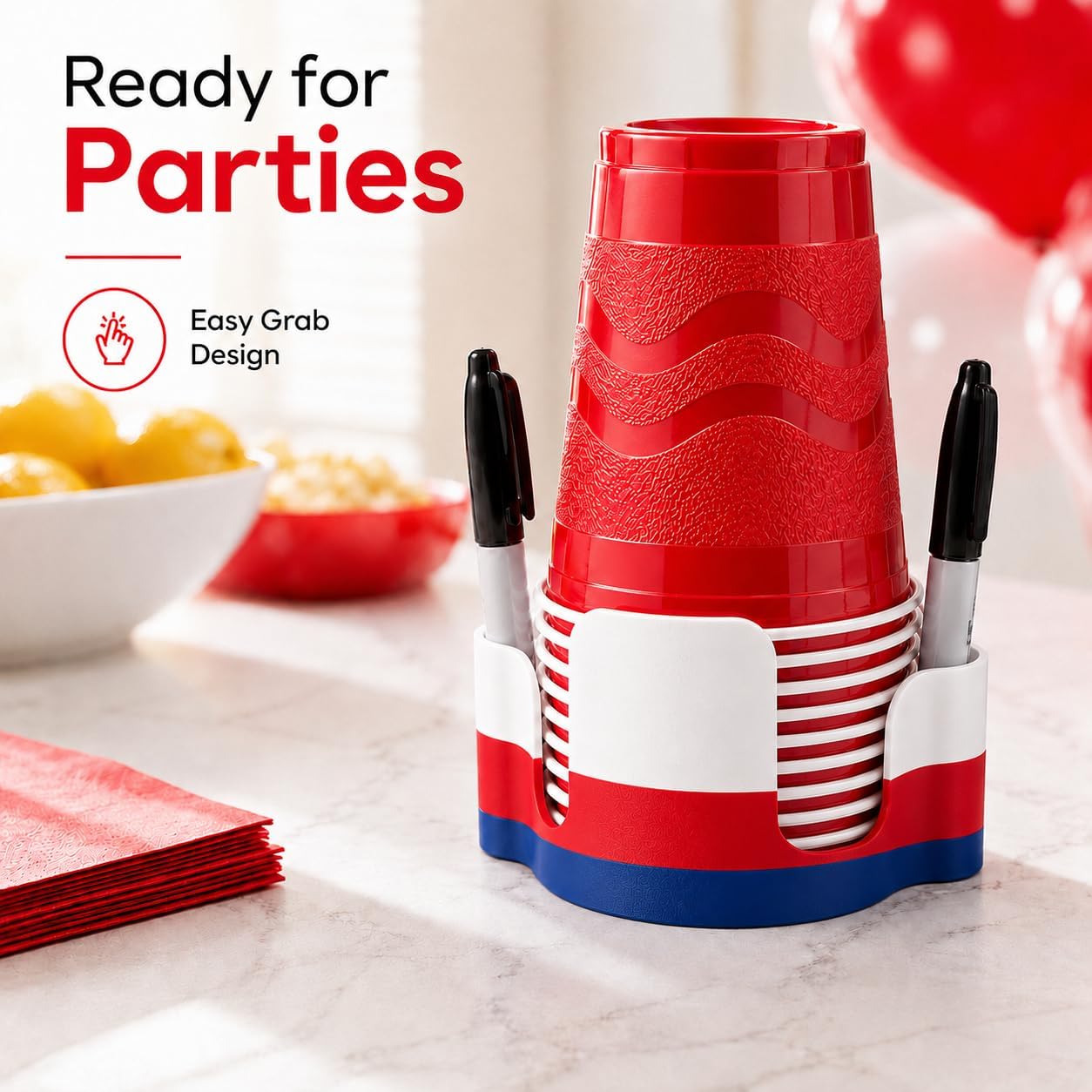Party Cup Dispenser with Marker Holder – Stackable Plastic Cup Organizer for Parties, Events, BBQs, Picnics, Graduations & Drink Stations, Cup and Marker Caddy, Black (Red)