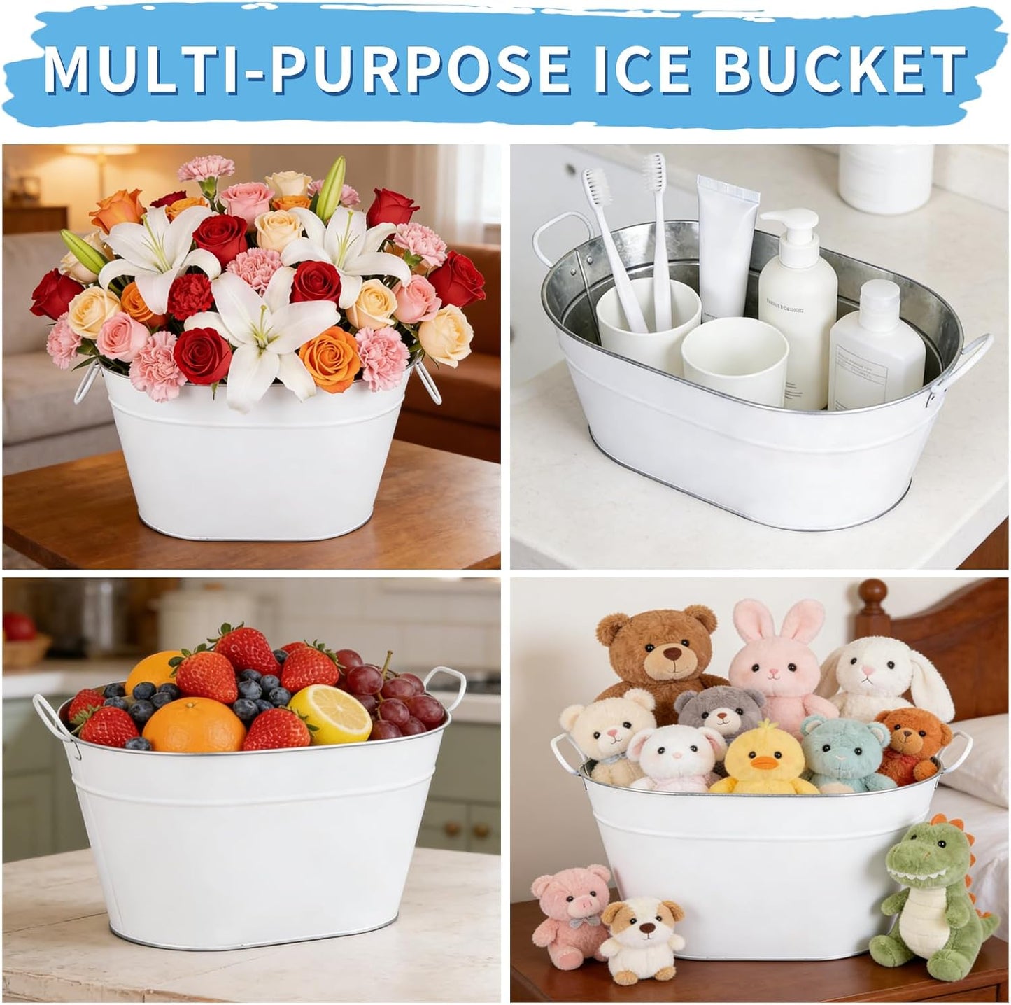 Ice Bucket for Parties Galvanized Beverage Tub, Drink Buckets Galvanized Bucket with Handles for Wine Beer Champagne Cocktails for Catering Bars (Silver-1PC)