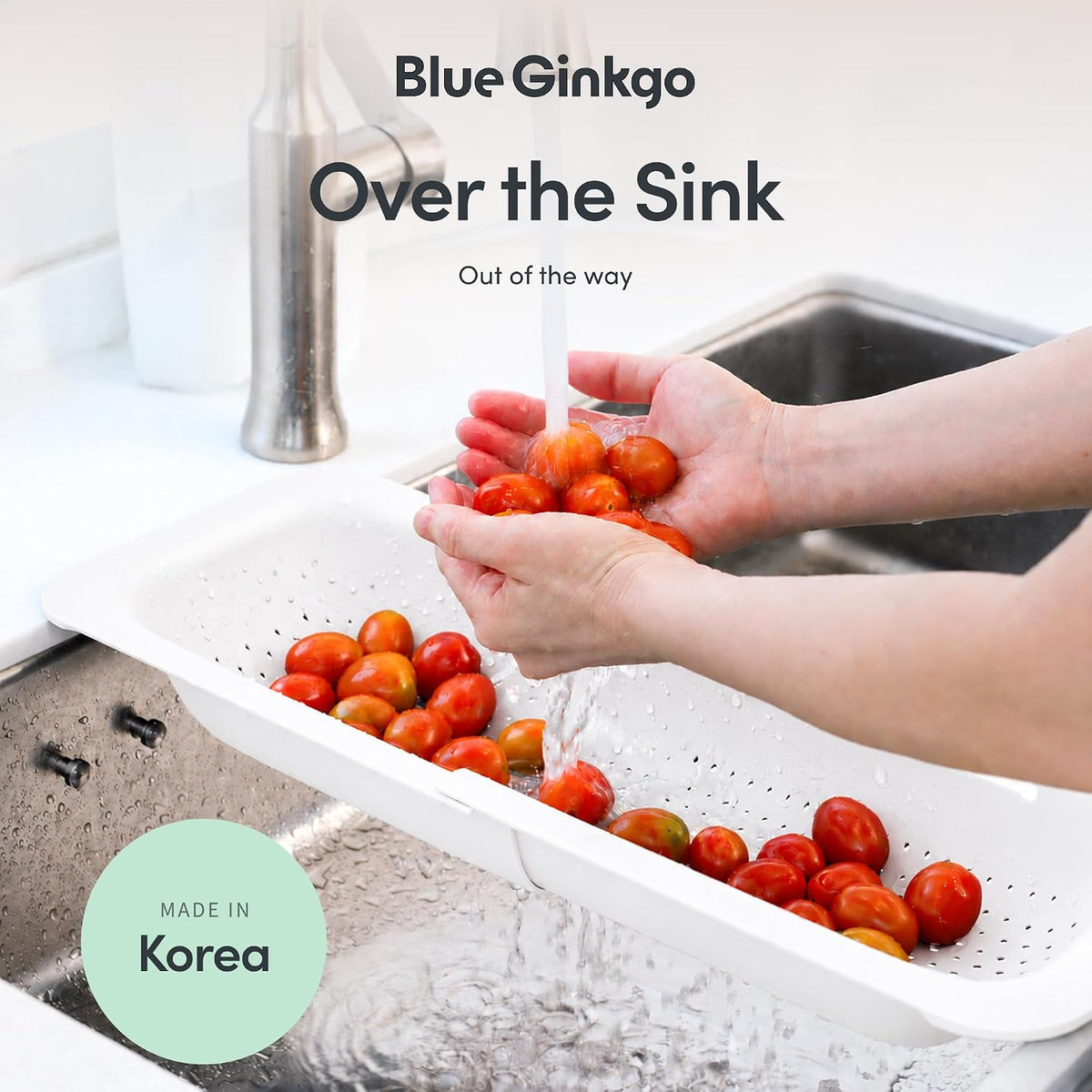 Blue Ginkgo Over Sink Colander, Extendable Kitchen Strainer, Black