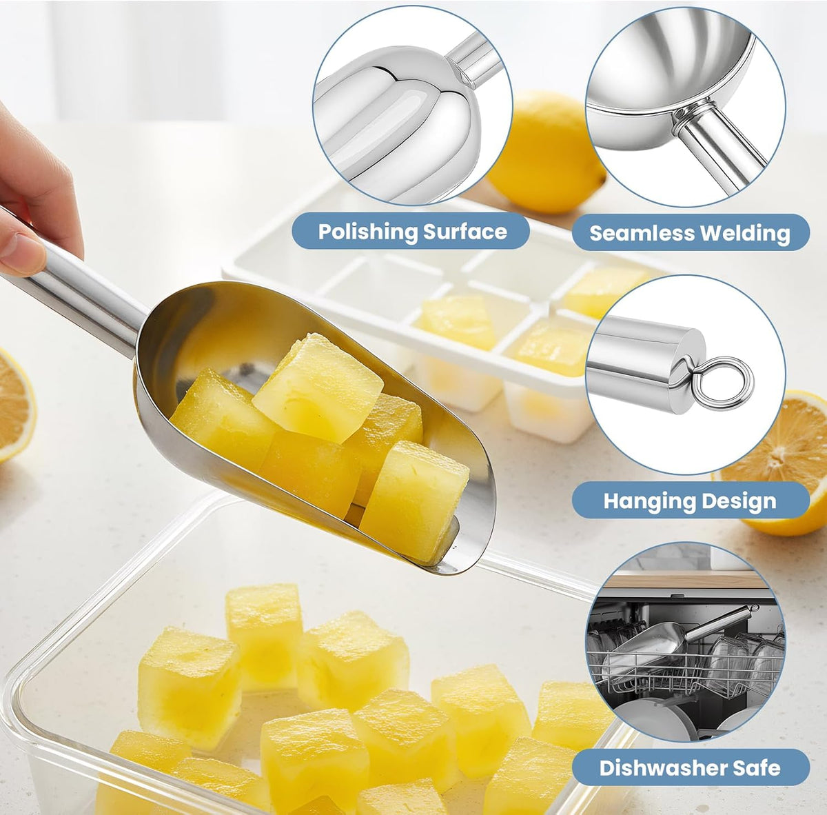 Wapodeai 6oz Stainless Steel Ice Scoop for Freezer with Magnetic Hook