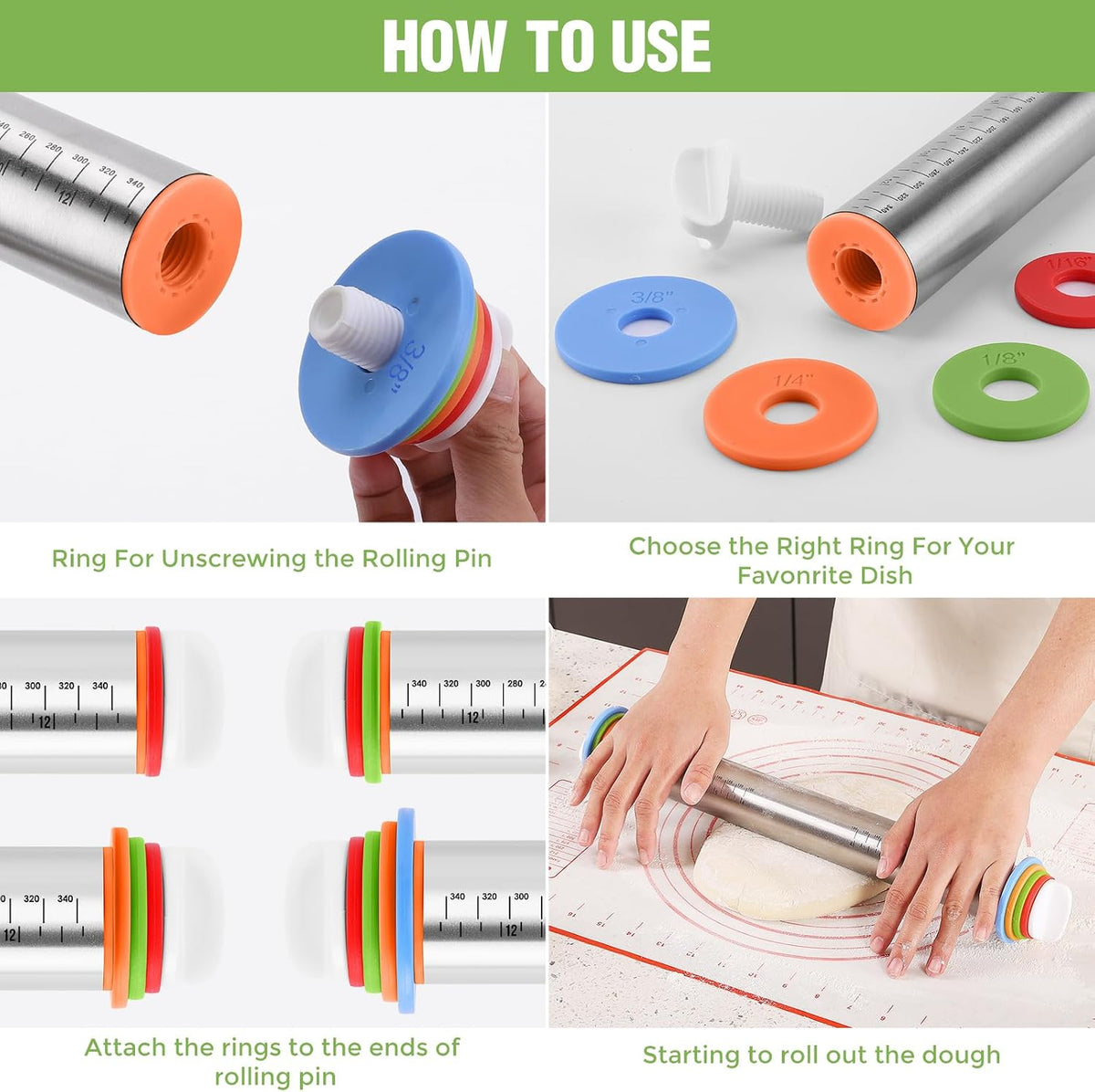 Adjustable Rolling Pin with Thickness Rings,Cake Pop Rolling Pin