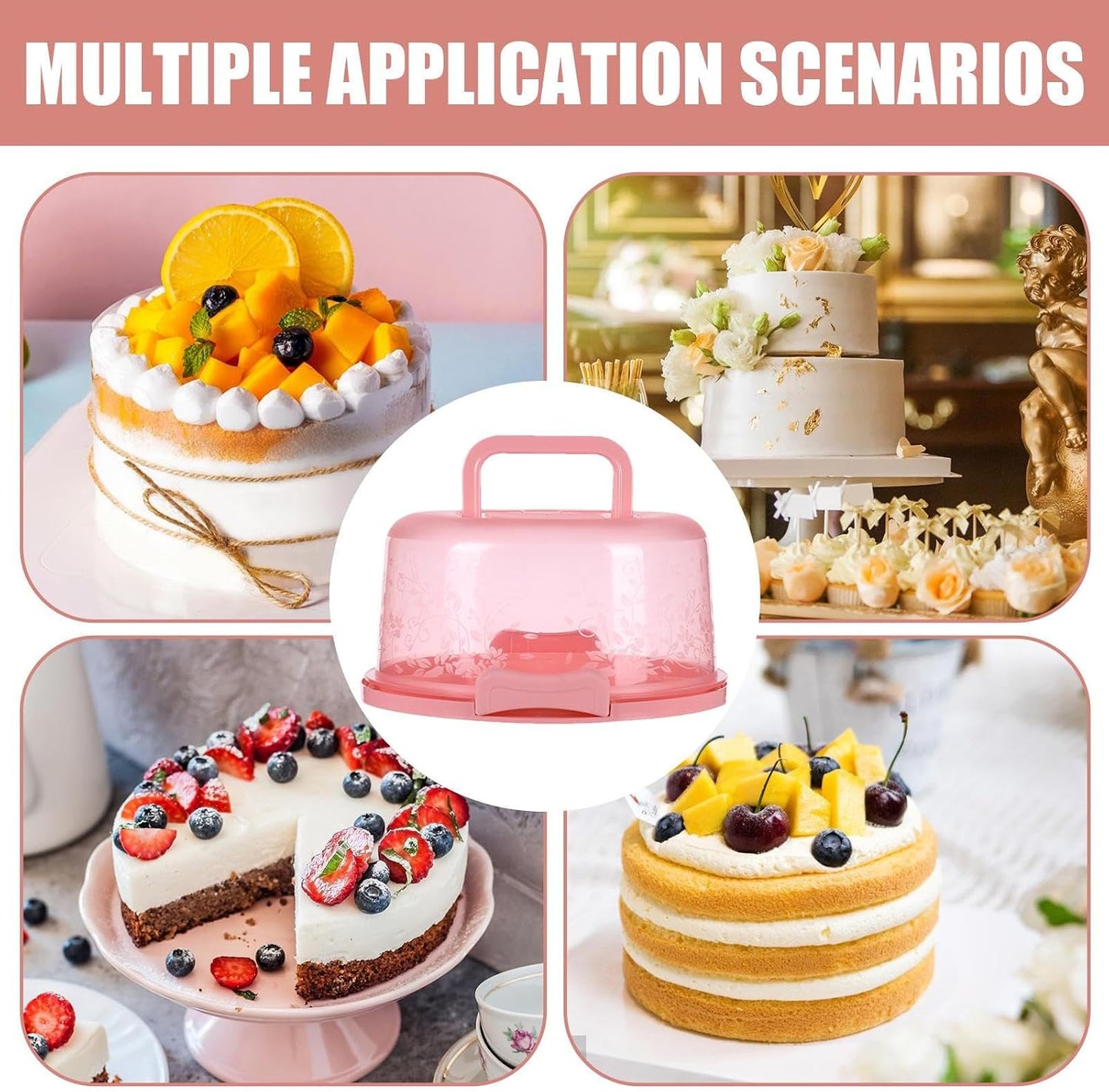 Cake Carrier/Storage Container With Server Clear Dome Cake Transport Container 26x22x12.5cm, Airtight Reusable Cakes Carrier With Handle For Party Travel, Spill-Proof Dustproof Food Storage Box
