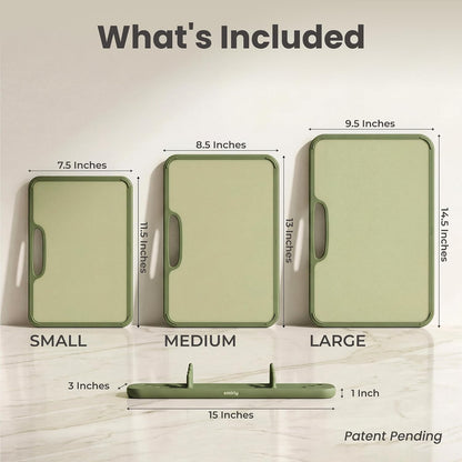 SMIRLY Plastic Cutting Board Set with Holder, Non-Slip Chopping Boards for Kitchen, Dishwasher Safe, Essential Kitchen Gadgets, 3 Pack, Green