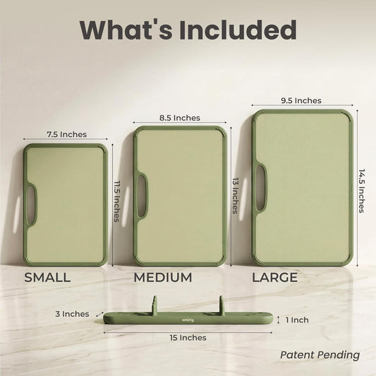 SMIRLY Plastic Cutting Board Set with Holder, Non-Slip Chopping Boards for Kitchen, Dishwasher Safe, Essential Kitchen Gadgets, 3 Pack, Green