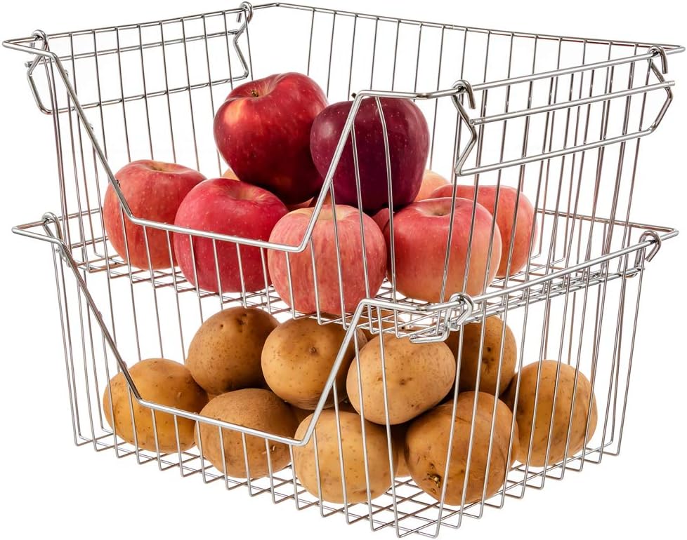 Stackable Wire Metal Baskets Sturdy Cabinet Organizer Wire Pantry Freezer Bin with Handle for Kitchen Fruit Vegetable Organization, Black, 3Packs