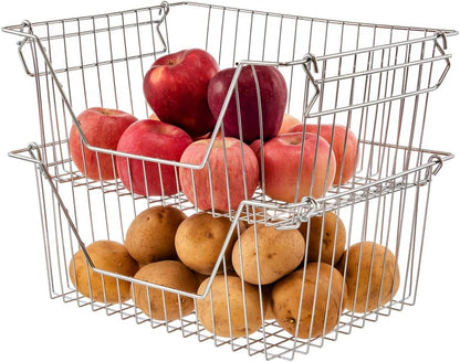 Stackable Wire Metal Baskets Sturdy Cabinet Organizer Wire Pantry Freezer Bin with Handle for Kitchen Fruit Vegetable Organization, Black, 3Packs