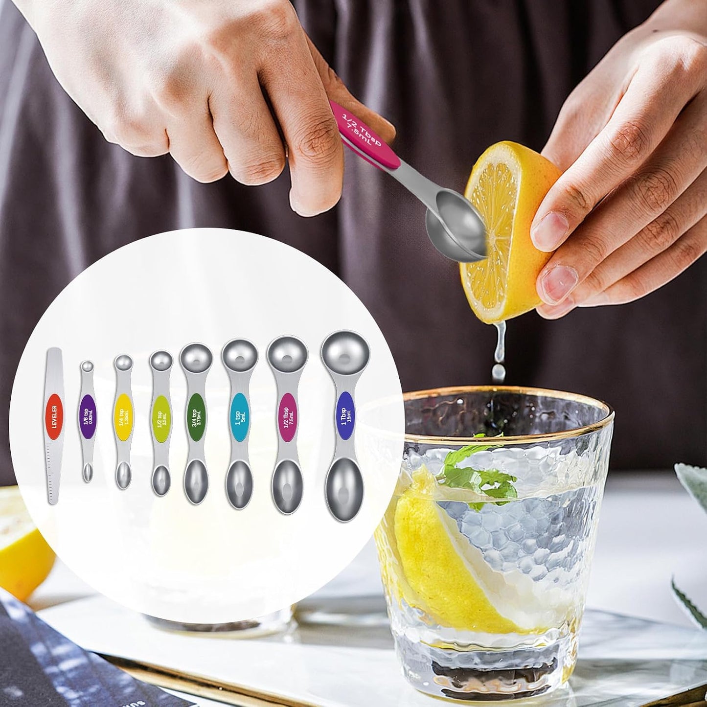 Magnetic Measuring Cups and Spoons Set, Strong N52 Magnets, Heavy Duty 304 Stainless Steel Fits in Spice Jars for Baking & Cooking, BPA Free, Round Set of 15 with Leveler Black