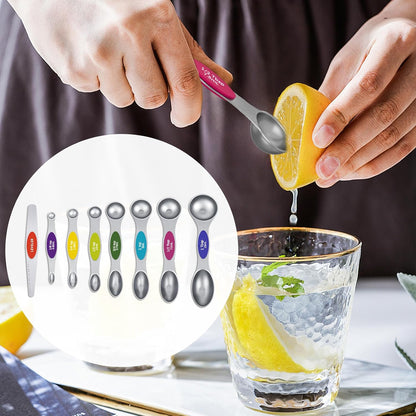 Magnetic Measuring Cups and Spoons Set, Strong N52 Magnets, Heavy Duty 304 Stainless Steel Fits in Spice Jars for Baking & Cooking, BPA Free, Round Set of 15 with Leveler Black