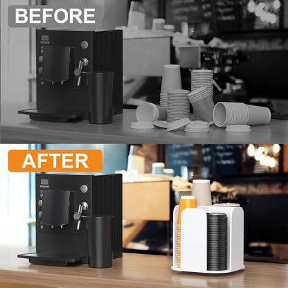 Beego Rotatable 4-Compartment Acrylic Cup Dispenser - Coffee Station Cup and Lid Carousel Countertop Plastic Cup Holder for Restaurant Breakroom Coffee Bar