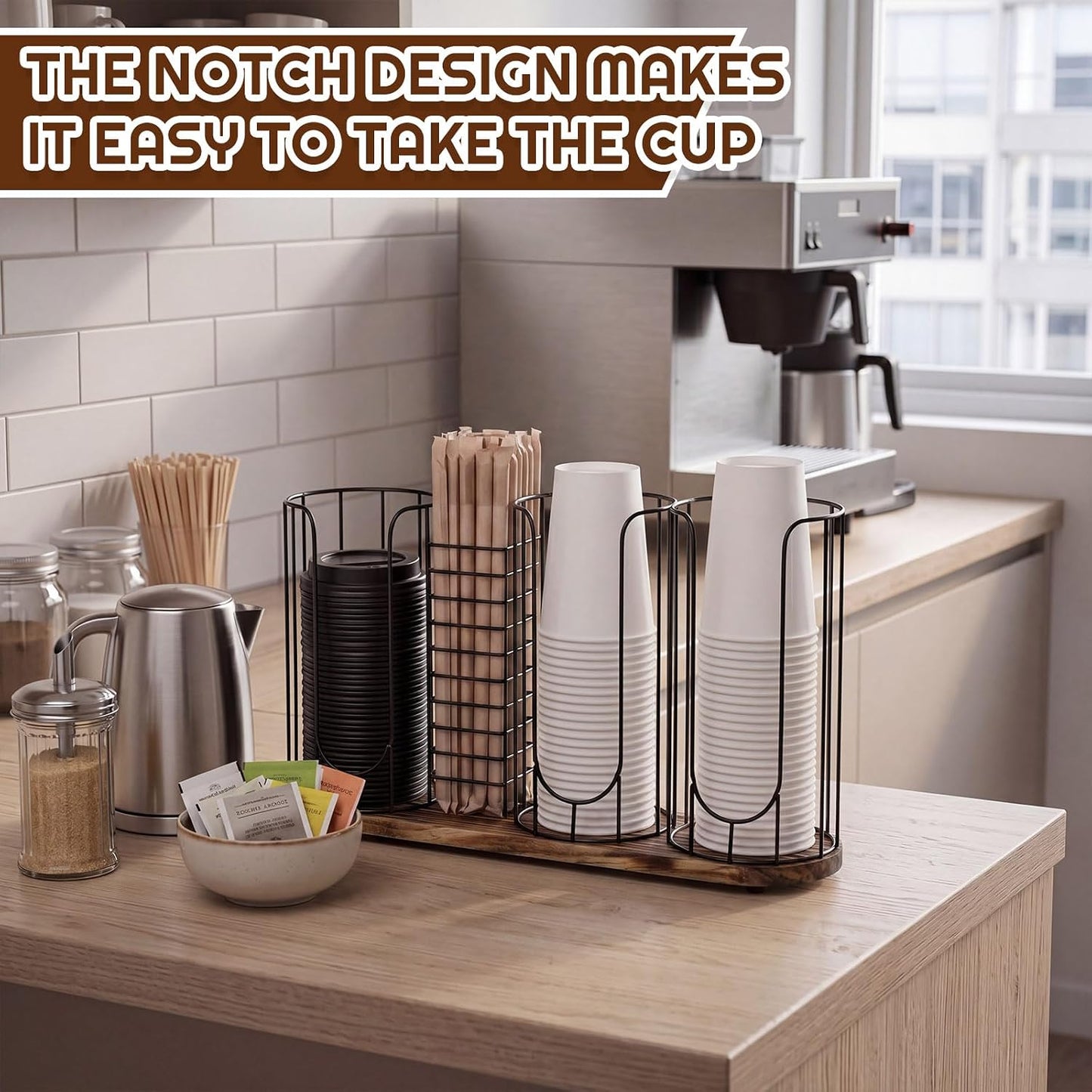 Geelin 18oz Adjustable Coffee Cup Dispenser with Wooden Base, Cup and Lid Holder, Cups Holder Organizer for Coffee Pod Straw and Lid Storage(2-compartment Single,Color 2)