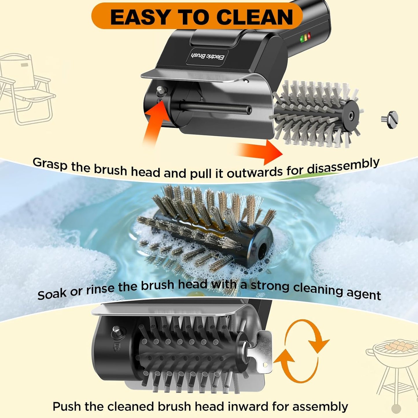 Electric Grill Brush with Dual Safety Lock - Ideal Gift for Men Dad Husband, Professional BBQ Cleaner with Submersible 304 SS Head, Splash-Proof Scrubber for Outdoor Grill (Blue Button)