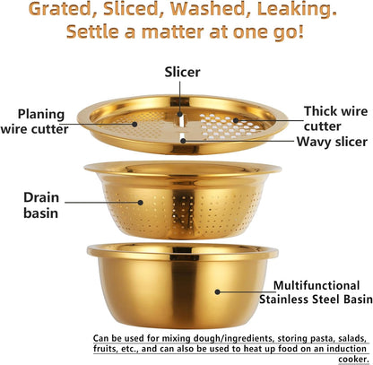 DOCBLACK Colander, 3Pcs Stainless Steel Kitchen Tool 3 in 1 Drain Basket Fruit and Vegetable Cutter Strainer Bowl Set Drain Pot Basket Grater for Fruits Vegetables Rice Washing Mixing - Gold