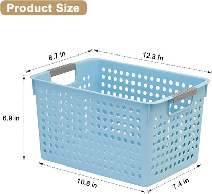 Soddeph 4 Pack Plastic Deep Storage Basket with Handles, Cubbies Organizer Bins with Hollow Design for Under Counter, Closet, Kitchen or Bathroom 12.3" × 8.7" × 6.9"(White, Medium)