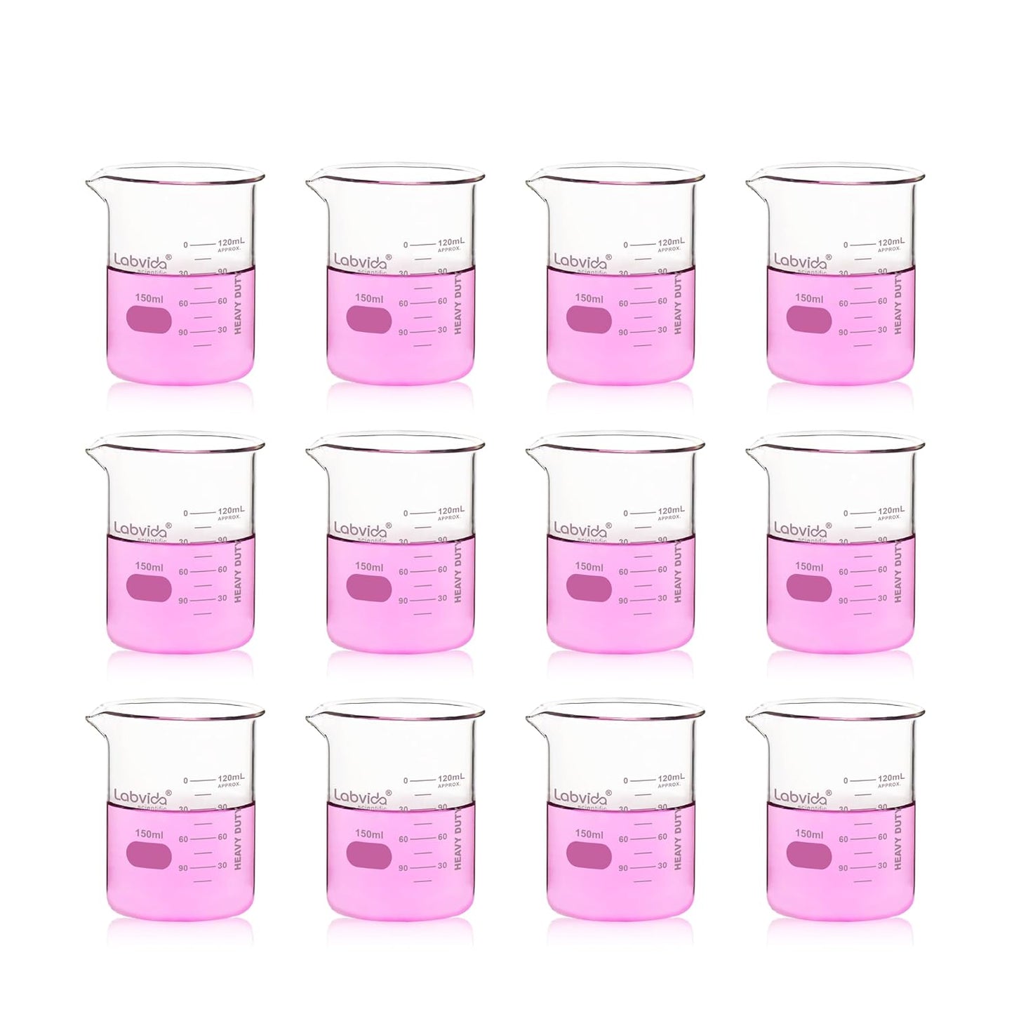Upgrated 6 Size Low Form Glass Beaker Set, 25ml 50ml 100ml 250ml 500ml 1000ml, 3.3 Boro Glass beakers with Printed Graduation, LVA019