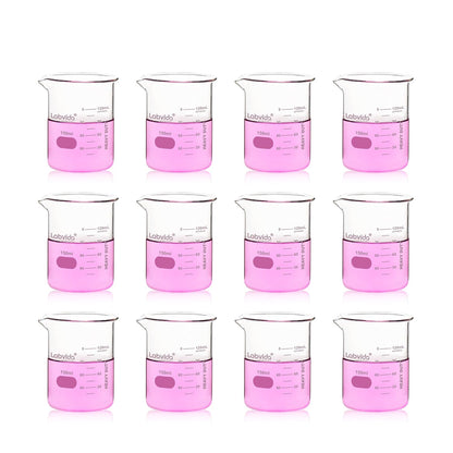 Upgrated 6 Size Low Form Glass Beaker Set, 25ml 50ml 100ml 250ml 500ml 1000ml, 3.3 Boro Glass beakers with Printed Graduation, LVA019