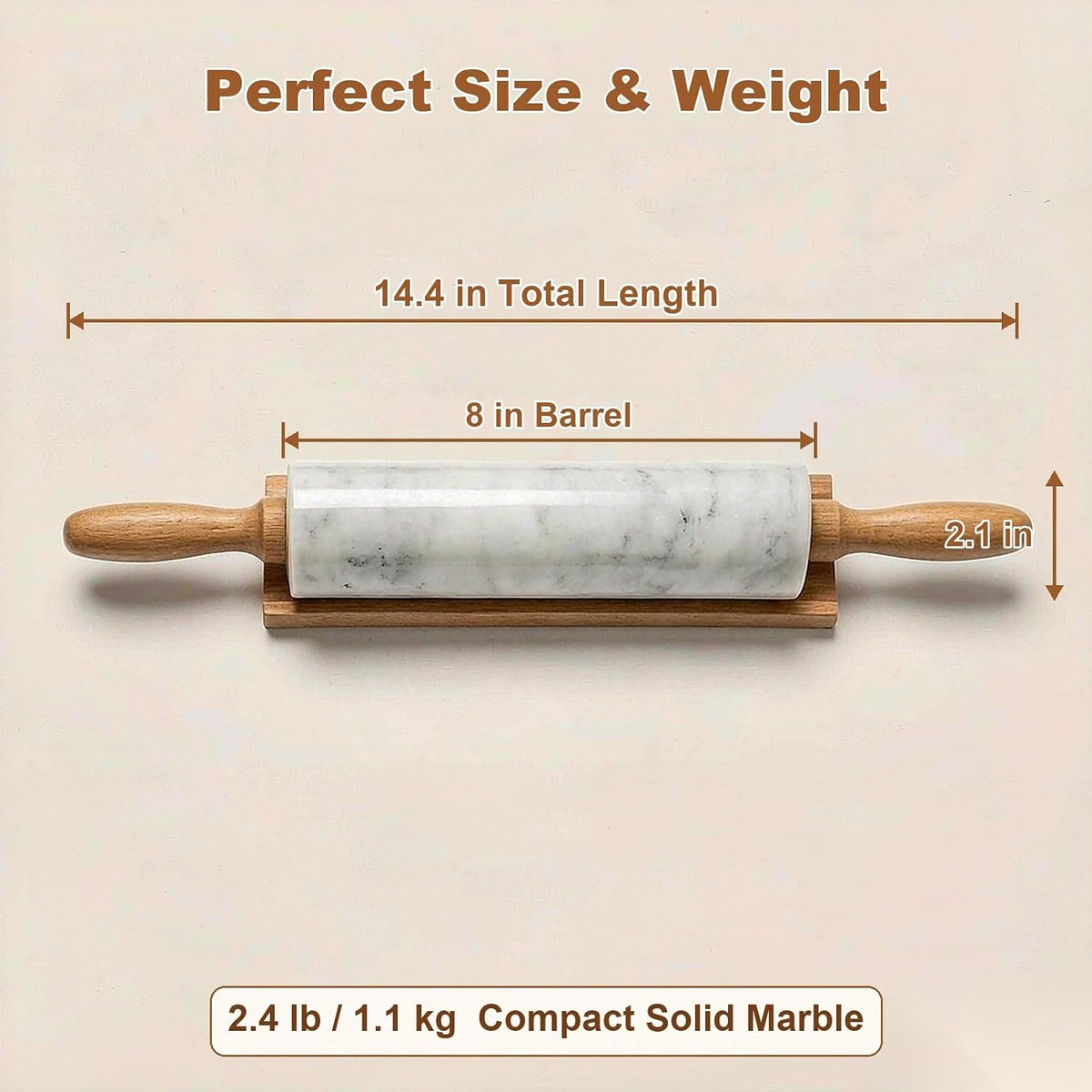 White Heavy Marble Dough Rolling Pin for Baking, 10 inch Barrel