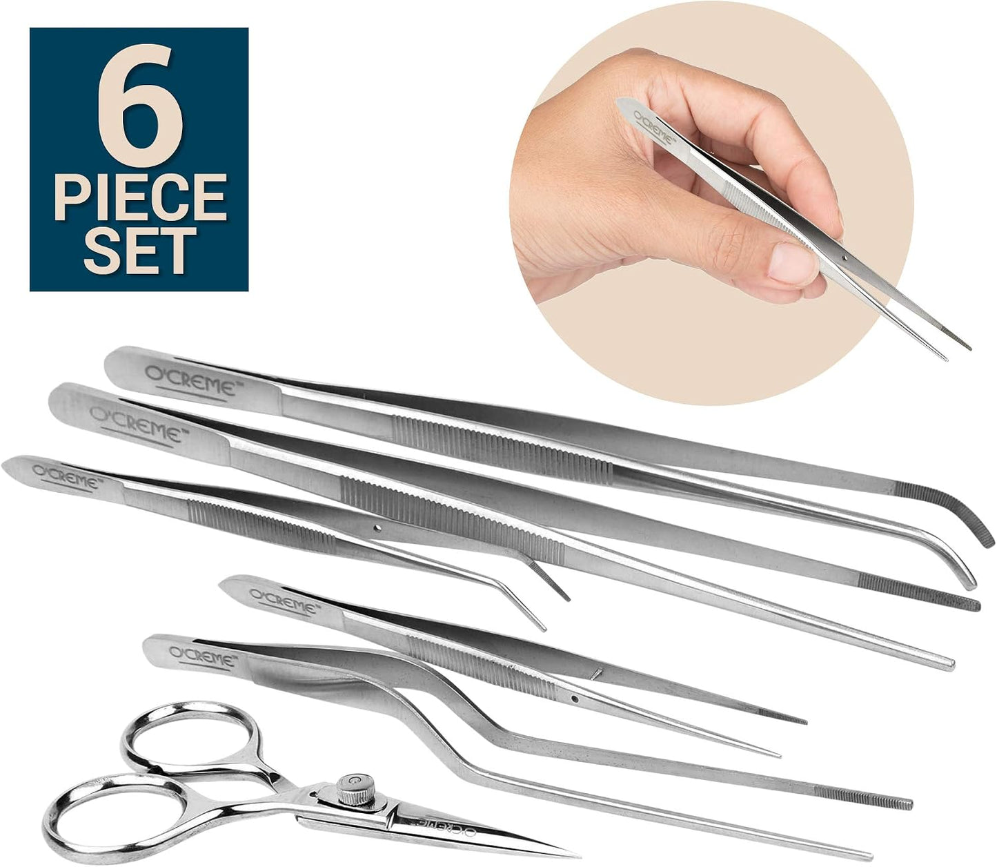 O'Creme Set of Culinary Tweezer Tongs Offset, Straight and Curved, Plus Super Sharp Chef Scissors, Total 6 Pieces (Rose Gold)