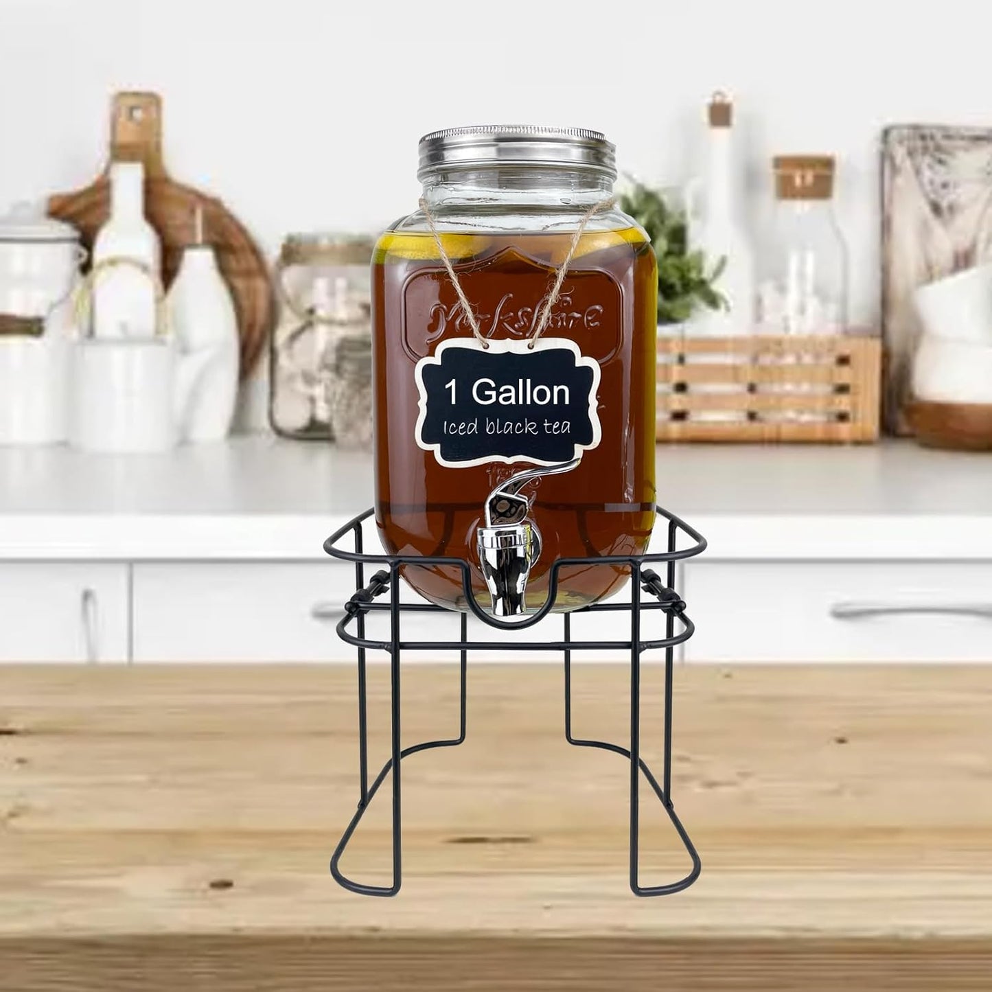 1 Gallon Glass Drink Dispenser for Parties, 2 Packs Juice Lemonade Ice Tea Water Dispenser with Stand, HENABLE Beverage Dispensers with Spigot for BBQ, Picnic, Party