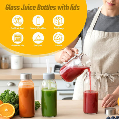 Glass Juice Bottles with Lids 10 oz, 6 Pack Reusable Small Glass Bottles with Stainless Steel Caps & Straws, BPA-Free Leak proof Juice Bottle Containers for Juicing, Milk, Smoothies & Fridge
