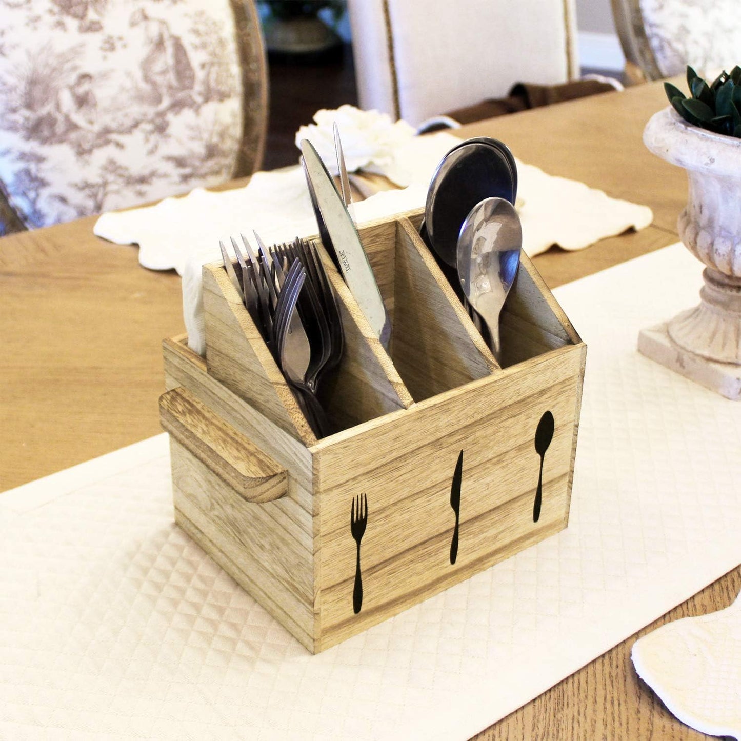 Ikee Design Wooden Utensil Caddy with Handles, Silverware Caddy, Silverware Holder for Countertop,Party,Camping and Kitchen, Silverware Organizer, Picnic Cutlery Holders, White Color