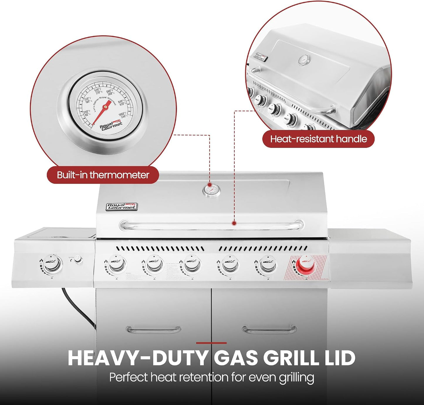 Royal Gourmet GA6402S 6-Burner Propane Gas Grill with Side Burner and Warming Rack, 74,000 BTUs, Cabinet Style Outdoor BBQ Grill for Barbecue Grilling & Backyard Cooking, Silver