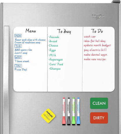 HOMiDEK Magnetic Dry Erase Board: Small Fridge Whiteboard, Flexible Refrigerator Magnet White Board, Blank Writing Note Sheet with Kitchen Conversion Chart Magnet, 4 Markers & Eraser - 12 x 8