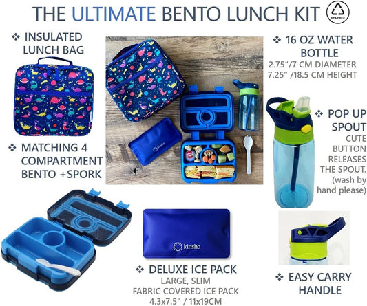 Bento Lunch Box with Bag, Water Bottle & Ice Pack Set for Kids Toddlers, 4 Portion Sections, Removable Tray, Pre-School Boy Toddler Daycare Lunches, Insulated Snack Container, Blue Space Dinosaur