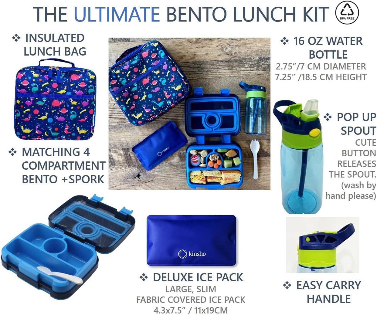 Kids Lunch Box - Bento Box for Boys Toddler Daycare, 4 Portion Sections with Lid, Snack Container Pre-School Kid Lunches Toddlers Removable Tray BPA Free, 3+ Years Old, Blue Rocket Dinosaur