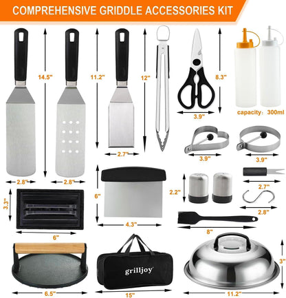 Grilljoy 38pcs Professional Griddle Accessories Kit for Blackstone, with Smash Burger Press, Extra Thick Griddle Spatula, Turner, Flipper - Flat Top Grill Accessories for Outdoor Grill