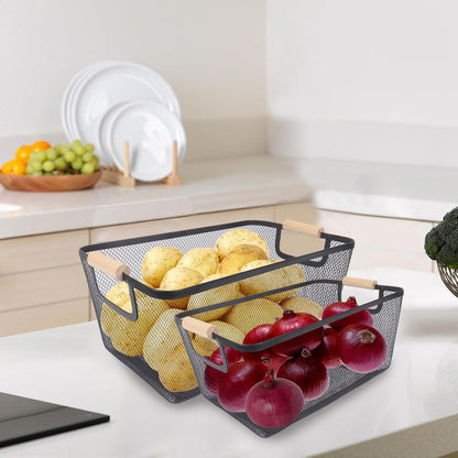 Potato and Onion Storage Bin, 2 Set Potato Bin Storage and Onion Container with Wooden Handle, Pantry Kitchen Organization and Storage, Metal Mesh Baskets for Fruit, Vegetable, Produce-White