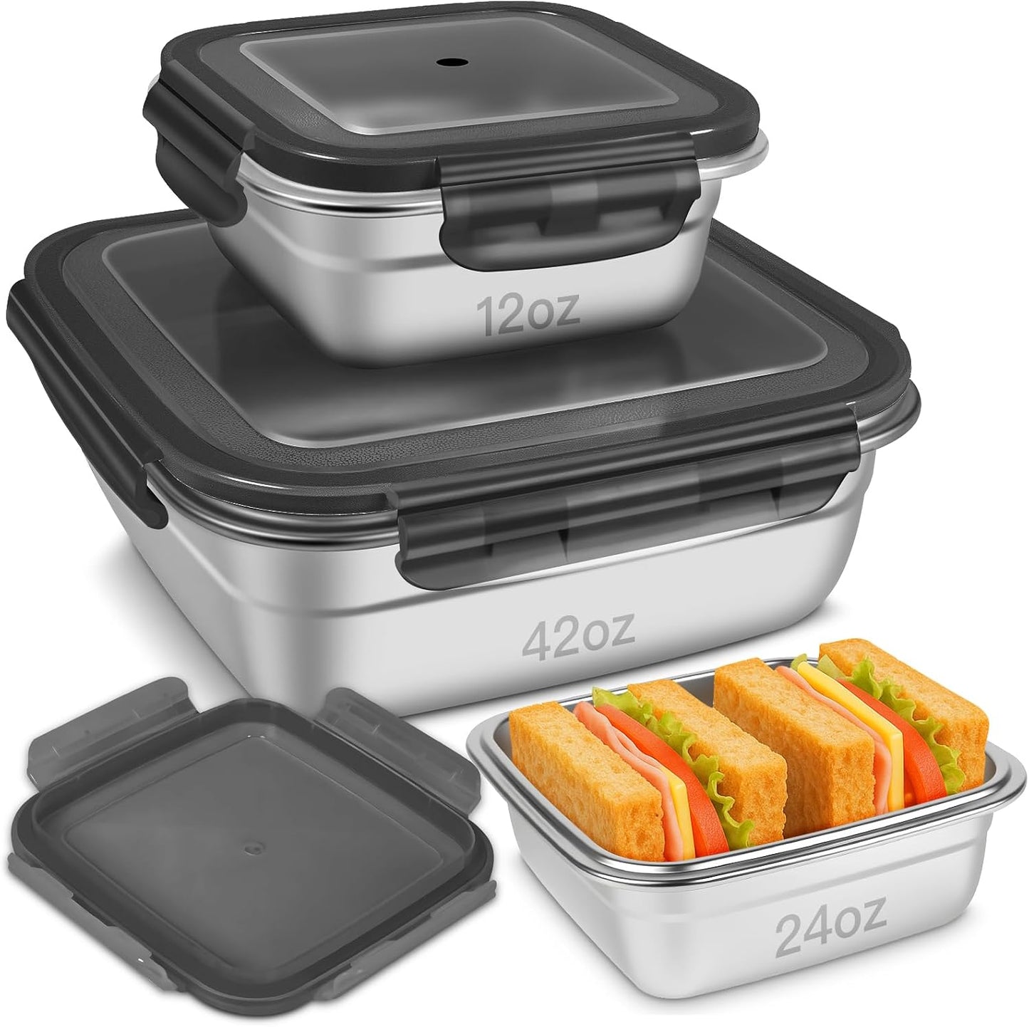 3 Pack Stainless Steel Sandwich Containers with Leak-Proof Lids, BPA-Free Airtight Metal Food Storage Boxes for Lunch, Snacks, Meal Prep – Reusable, Stackable, Dishwasher & Freezer Safe(Green)