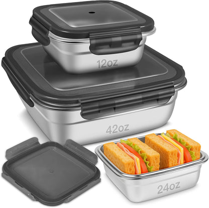 3 Pack Stainless Steel Sandwich Containers with Leak-Proof Lids, BPA-Free Airtight Metal Food Storage Boxes for Lunch, Snacks, Meal Prep – Reusable, Stackable, Dishwasher & Freezer Safe(Green)
