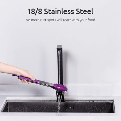 600ºF Heat Resistant Kitchen Tongs: U-Taste 7/9/12 inch Silicone Cooking Tong Set with Non Stick Rubber Tips and Silicon Coated 18/8 Stainless Steel Handle for Serving Grilling Salad(Midnight Blue)