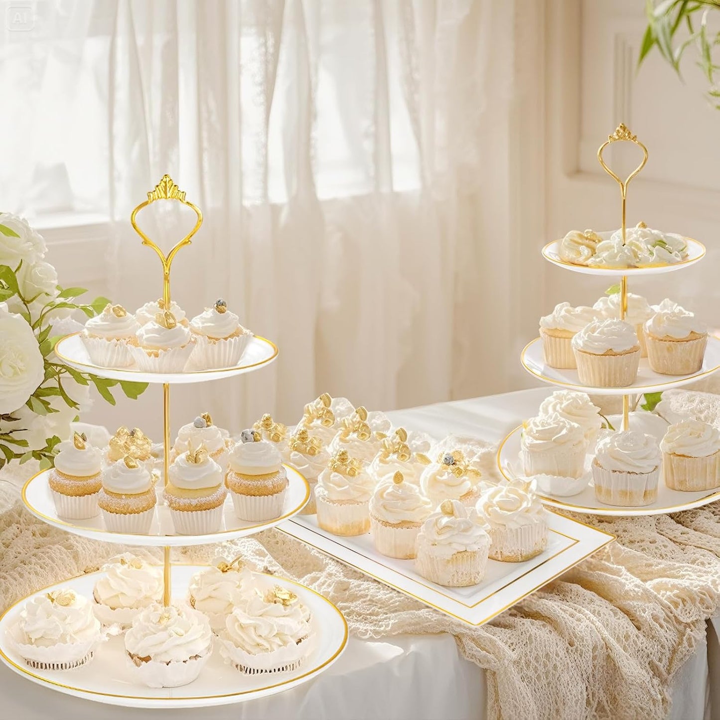 Supernal 10 Pack Dessert Table Display Set -4 Sets 3 Tier Cupcake Stand,6 Pcs Food Serving Trays,Elegant Tableware for Cupcakes and Snacks,Perfect for Tea Party Baby Shower Decorations(White and Gold)