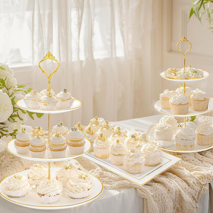 Supernal 10 Pack Dessert Table Display Set -4 Sets 3 Tier Cupcake Stand,6 Pcs Food Serving Trays,Elegant Tableware for Cupcakes and Snacks,Perfect for Tea Party Baby Shower Decorations(White and Gold)