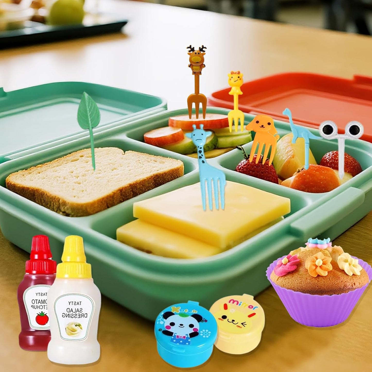 152 Pcs Bento Box Accessories Kids Mini Sauce Bottles Including Food Picks Mini Condiment Ketchup Squeeze Bottles Reusable Animal Fruit Food Toothpicks for Camping Office Accessories
