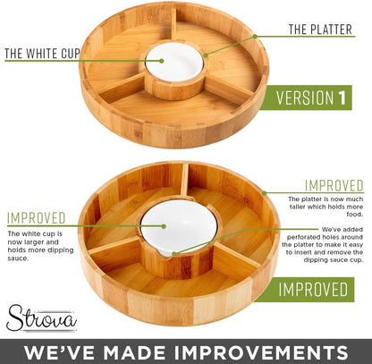 Strova Chip and Dip Serving Bowl – Wooden Appetizer Platter Set with Dip Cup for Salsa, Guacamole, Nacho, Vegetables, Taco Chip, Snacks and More – 12 Inch Diameter. Perfect for the BIG GAMES !