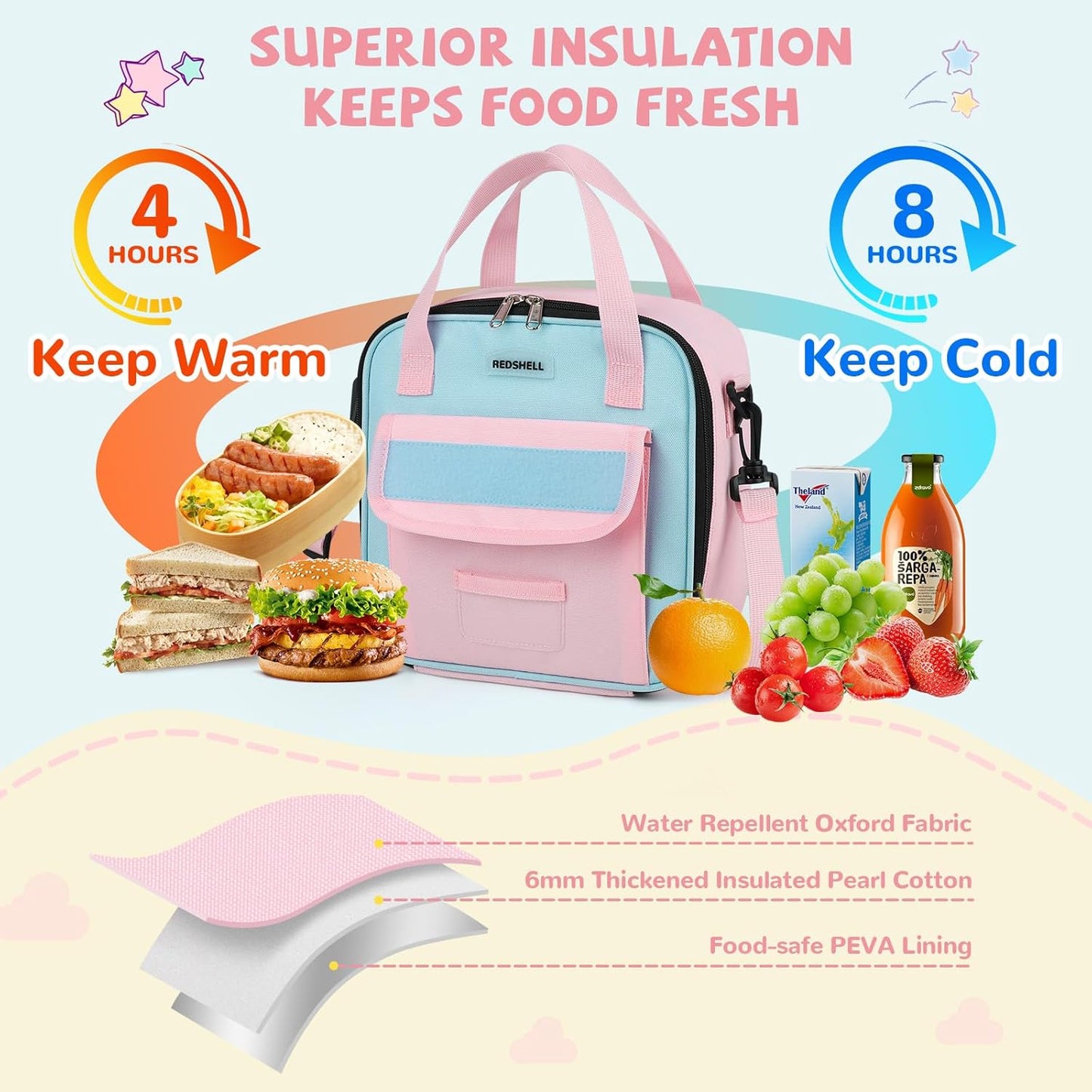 REDSHELL Tactical Lunch Box Kids, Large Insulated Lunch Bag for Boys Girls, Cooler Lunchbag, Square Toddler Lunchbox, School Daycare Lunch Tote Pail with Water Bottle Holder Shoulder Strap, Blue