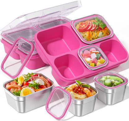 BiuLeon Snackle Box Containers, Stainless Steel 5 Compartments Divided Serving Tray with Lid, Removable LeakProof Portable Bento Box for Fruit Candy Nuts Food - School, Picnic and Travel（Blue）