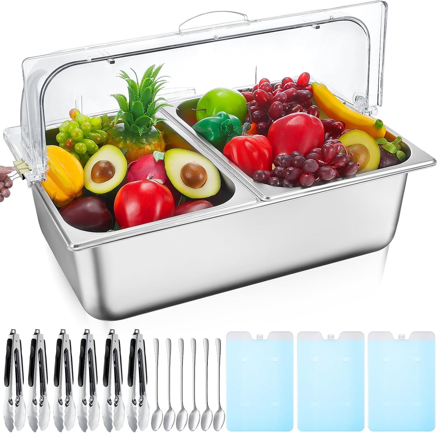 Condiment Tray Stainless Steel Serving Display Set with Lid for Buffet Restaurant Kitchen, Food Chilled Container for Salad Fruit Condiments, Keeps Food Fresh with Ice Box(6 Compartments)