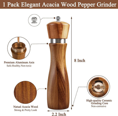 Acacia Wood Pepper Grinder, 8 Inch Salt Mill Pepper Mill for Kitchen