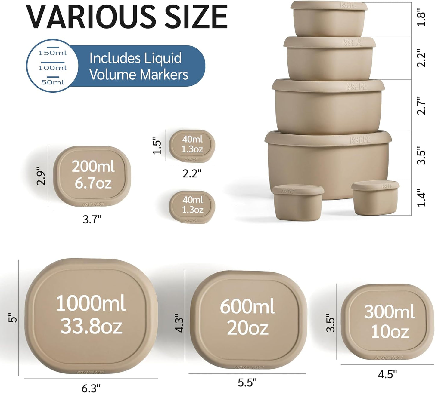 ISSEVE 6Pcs/Set Nesting Silicone Food Storage Containers with Lids, BPA Free Reusable Meal Prep Silicone Containers Lunch Box Bento Box Set (33.8oz, 20oz, 10oz, 6.7oz, 1.3oz) (Purple)