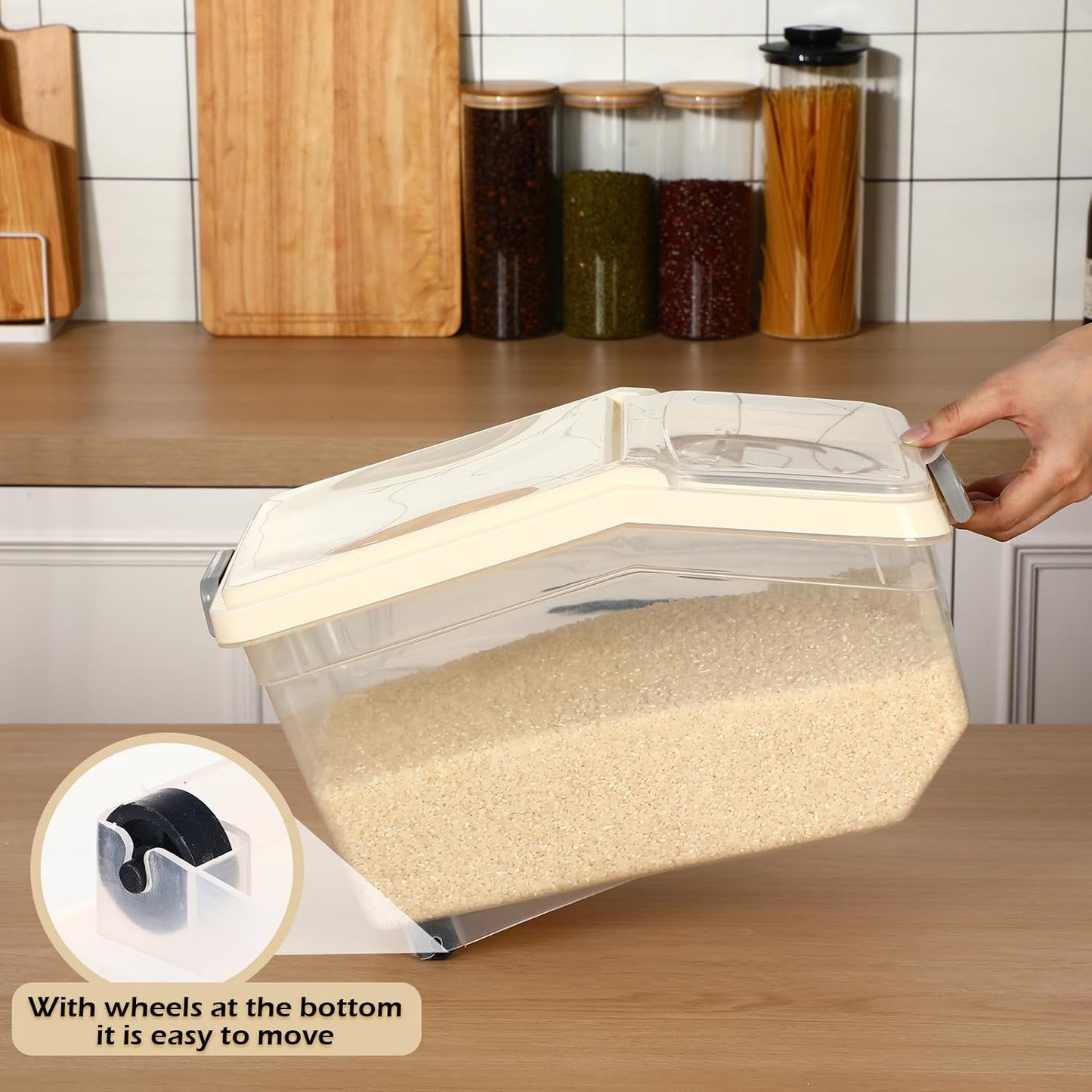 Sunnyray 4 Pcs Rice Storage Containers Bulk Flour Sugar Container Wheels Measuring Cups Set Airtight Pet Dog Cat Birds Food Bin Grain Cereal Organizer Box for Dry Baking (Beige,38 lb)